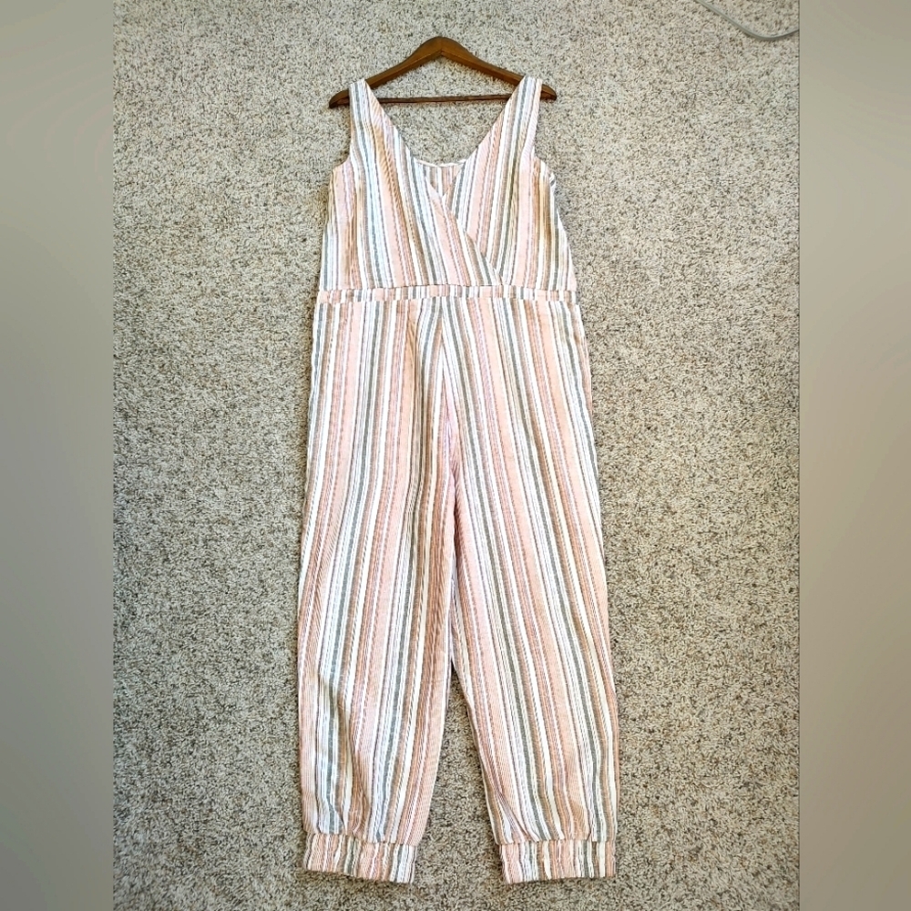 Drew Anthropologie Striped Linen Blend Sleeveless Raw Hem Jumpsuit - Picture 1 of 9